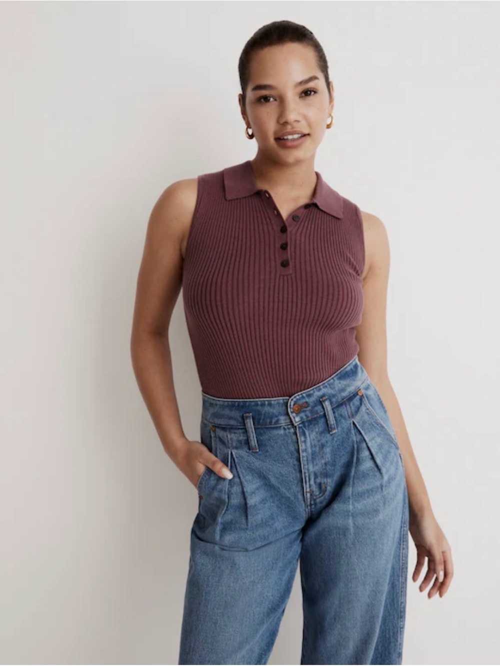 Madewell Owen Ribbed Knit Polo Tank in Grape